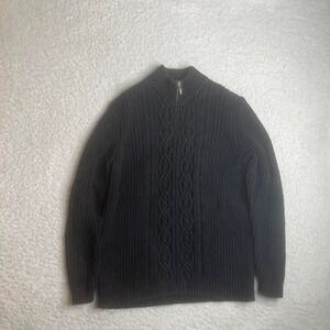 Vintage Lands' end women's black cable knit quarter zip sweater fisherman 90s L